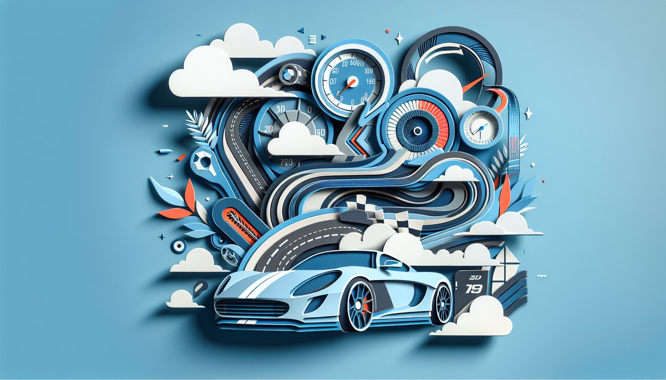 Paper art collage of a steering wheel race car and text for a Fast and Furious personality quiz on sky blue background