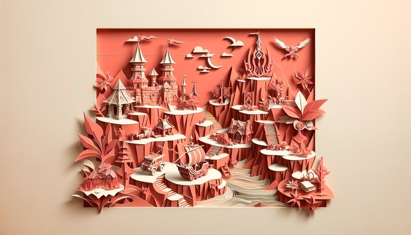 Paper art style illustration of World of Warcraft quiz title with fantasy icons on coral background