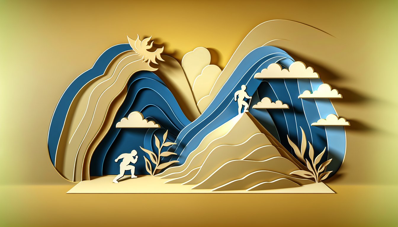 Paper art illustration for Am I a Failure quiz on golden yellow background featuring layered paper shapes and text