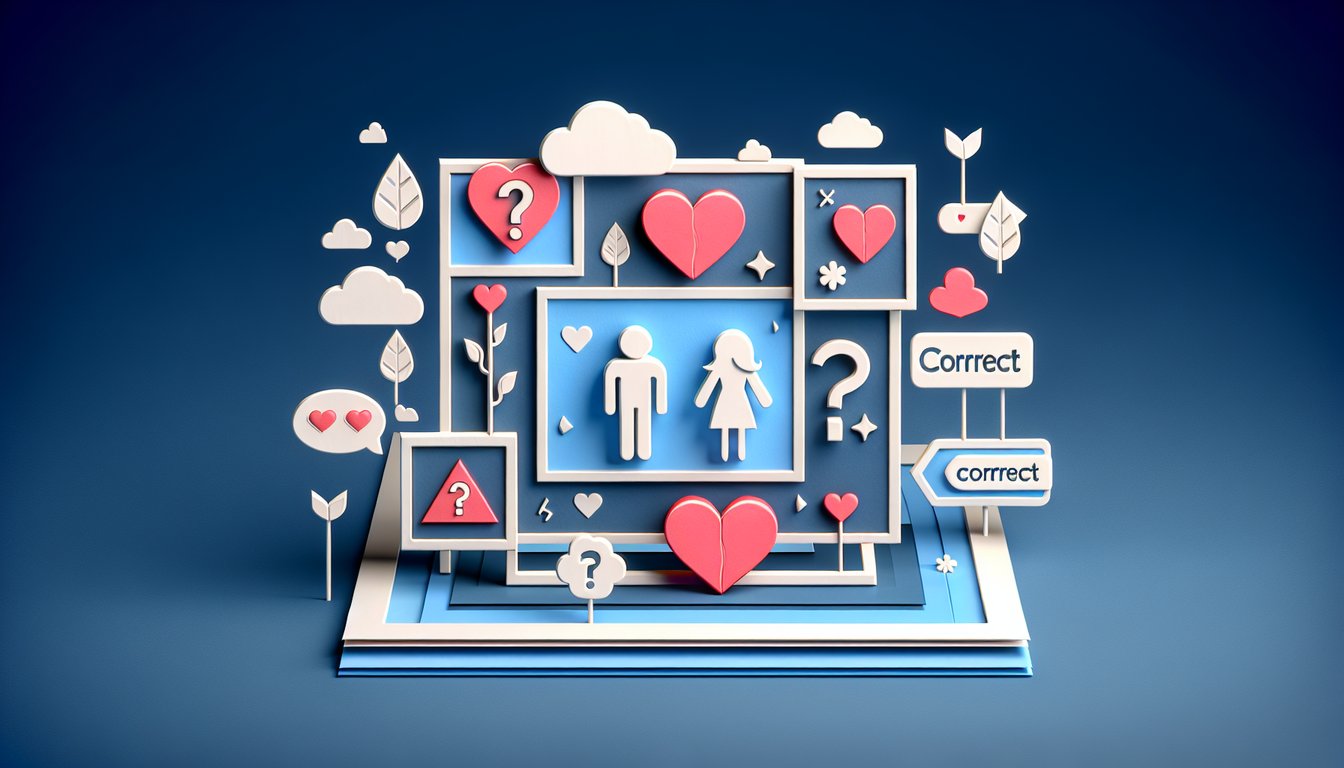 Paper art illustration for a quiz about testing instincts on a mans relationship status on a dark blue background.