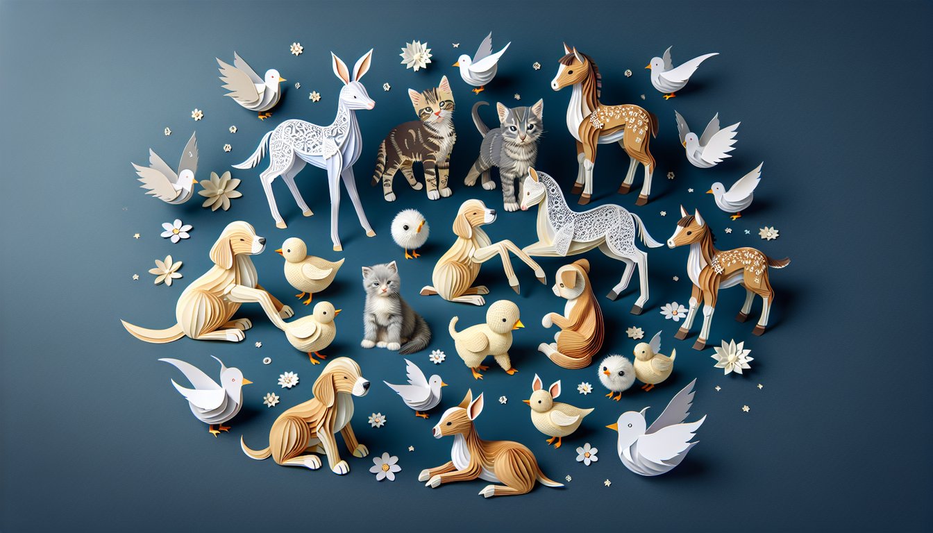 Colorful paper art depicting various baby animals for an Animal Baby Names Quiz.