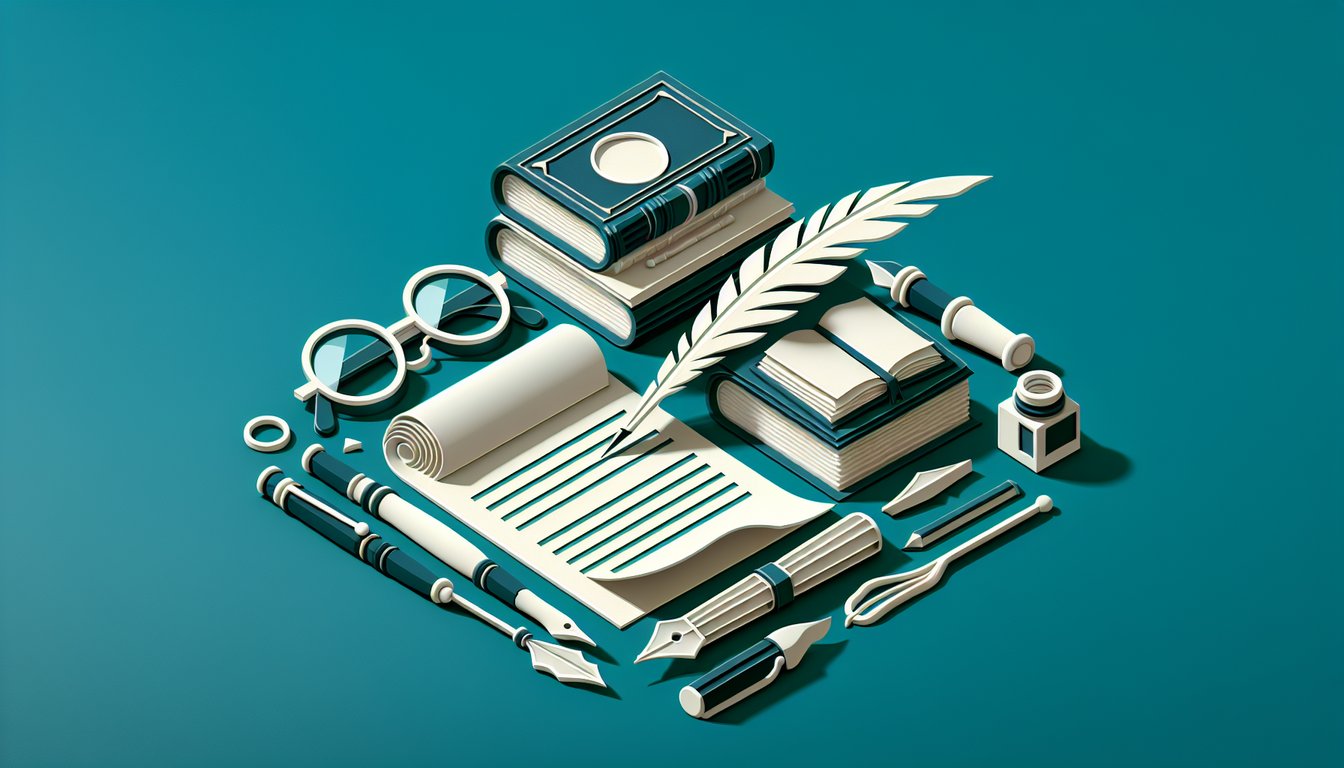 Paper art of books letters and pencil on teal background for AP English Language Composition literary terms quiz