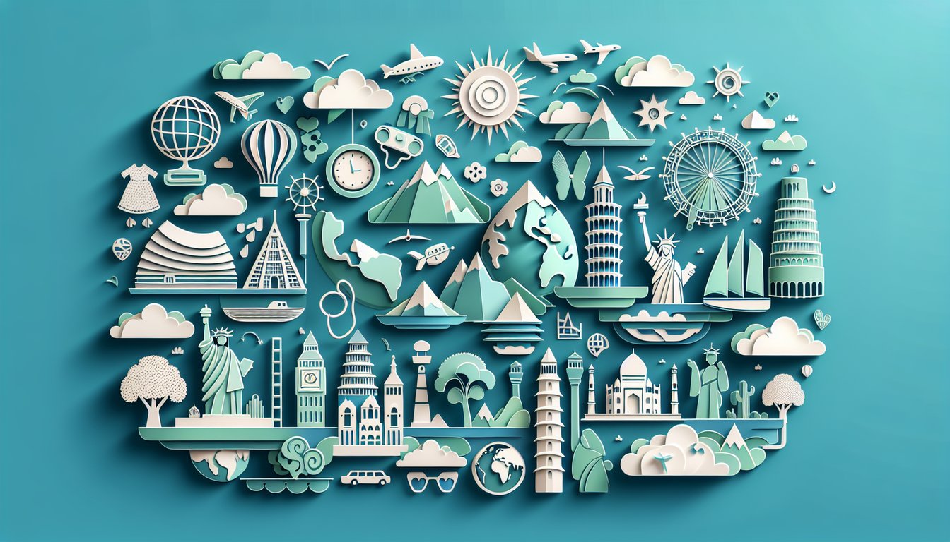 Paper art illustration for What Country Am I quiz on a teal background