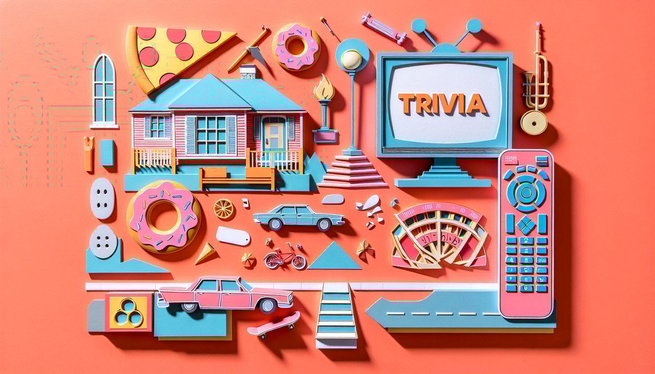 Paper art illustration for Simpsons Golden Age quiz featuring Homer, Bart, Lisa on a coral background.