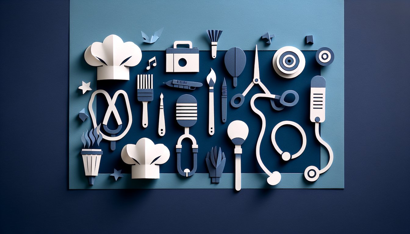 Colorful paper art illustrating various professions for a French vocabulary quiz