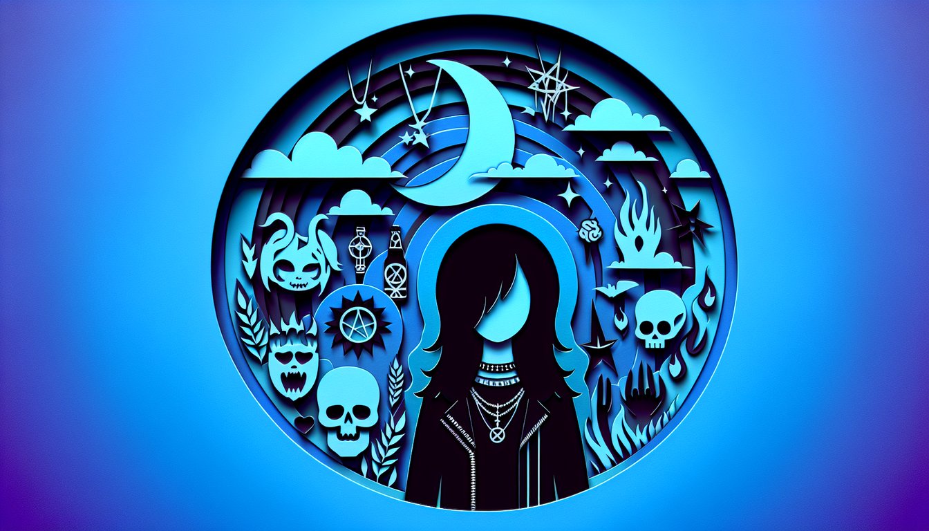 Paper art illustration of gothic style skulls bats and roses floating on a sky blue background for goth name generator quiz