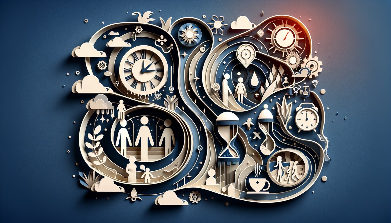 Paper art illustration for a future prediction personality quiz on a dark blue background.