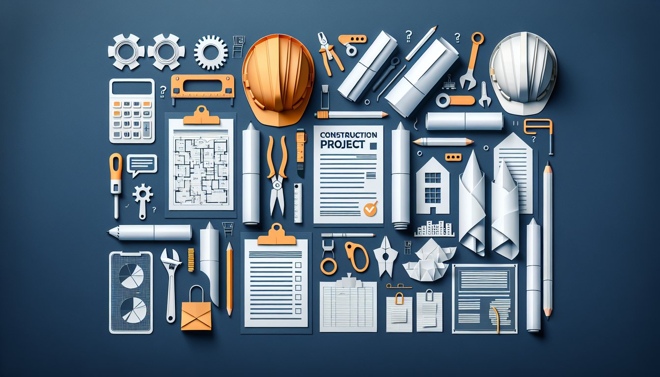 Colorful paper art depicting elements related to a Construction Project Information Quiz.