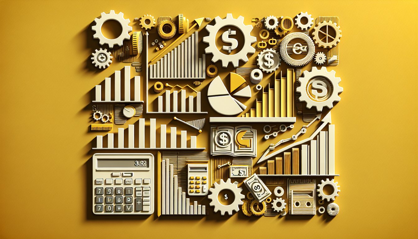 Paper art illustration for microeconomics quiz, revenue calculations and production functions on golden yellow background
