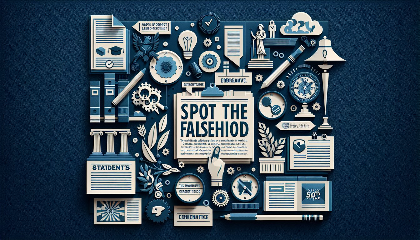 Paper art depicting a trivia quiz challenging high school students to spot false statements.