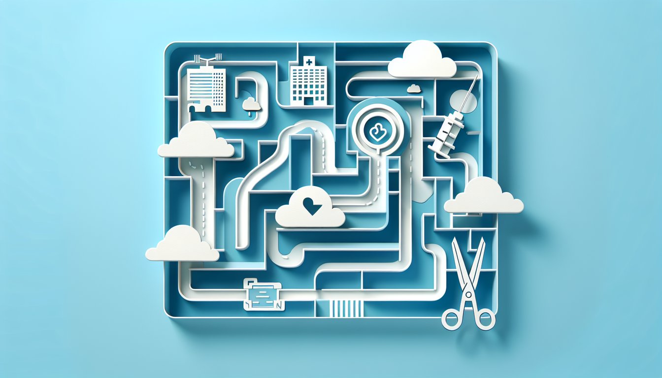 Paper art collage depicting stylized stomach model surgical tools quiz icons on sky blue background.