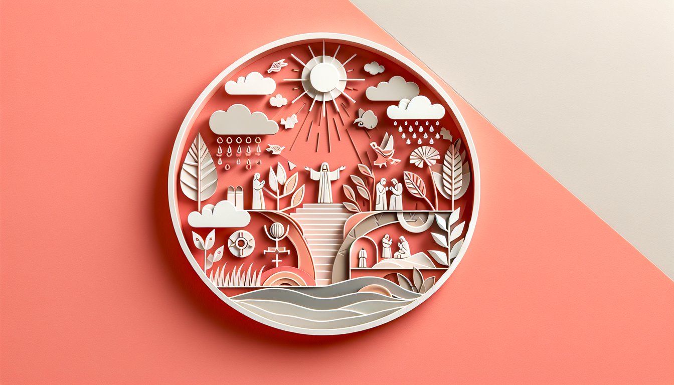 Paper art illustration for quiz on Book of Matthew chapters-5-6 with Bible page cutouts and text on coral background