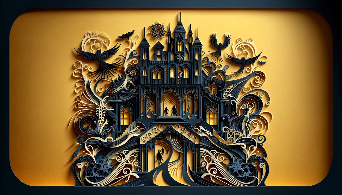 Paper art illustration for Fall of the House of Usher character quiz on golden yellow background