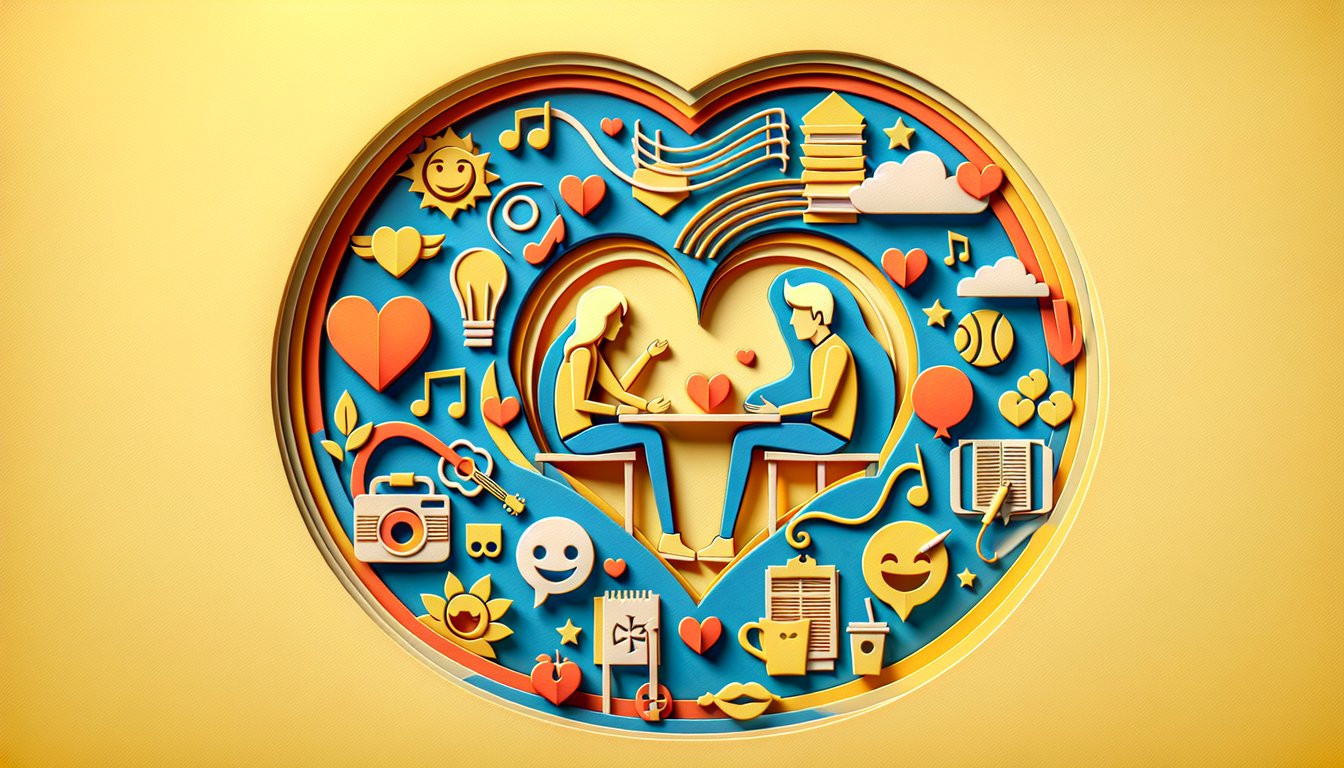 Paper art illustration for a quiz about uncovering feelings for a friend on a golden yellow background.