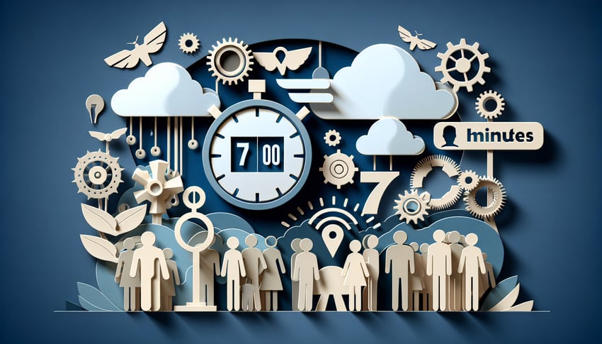 Paper art heart clock and romantic silhouettes inviting 7 minutes in heaven quiz on dark blue background