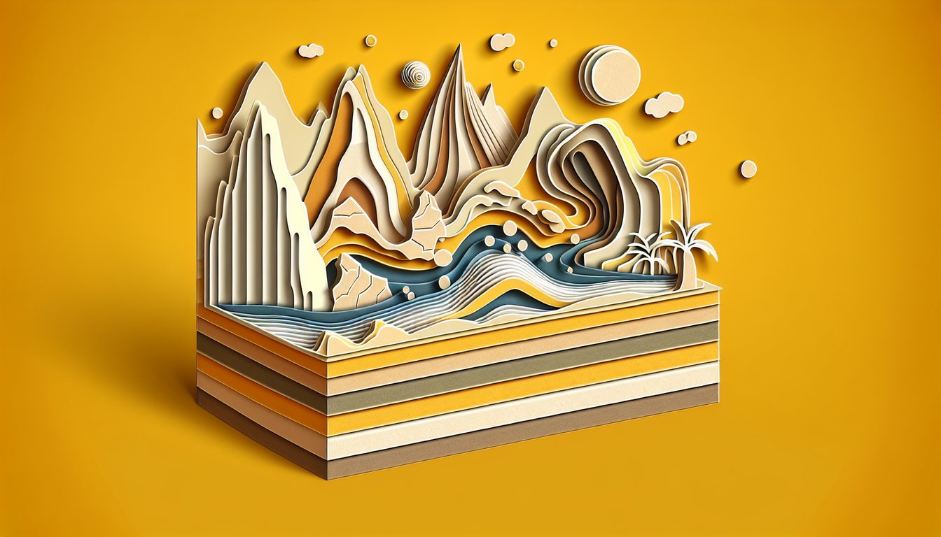 Layered paper rock formations and quiz headline about testing geology smarts on golden yellow background.