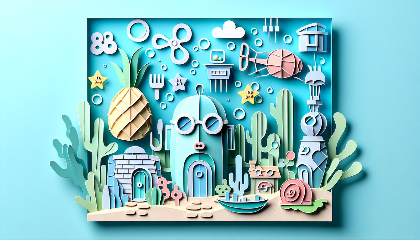 paper art collage of shells seaweed starfish hinting at Bikini Bottom alter ego quiz on sky blue background