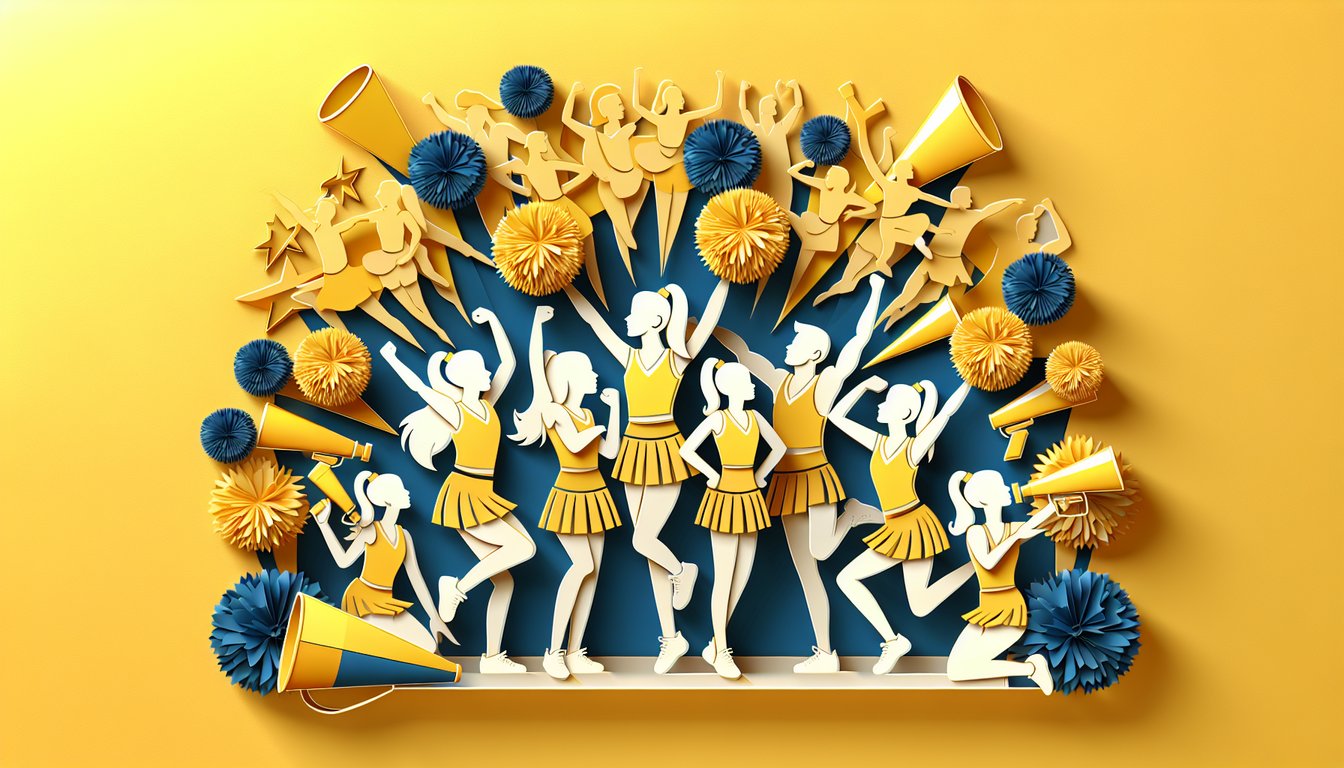Cheerleading themed paper art illustration for a quiz on a golden yellow background