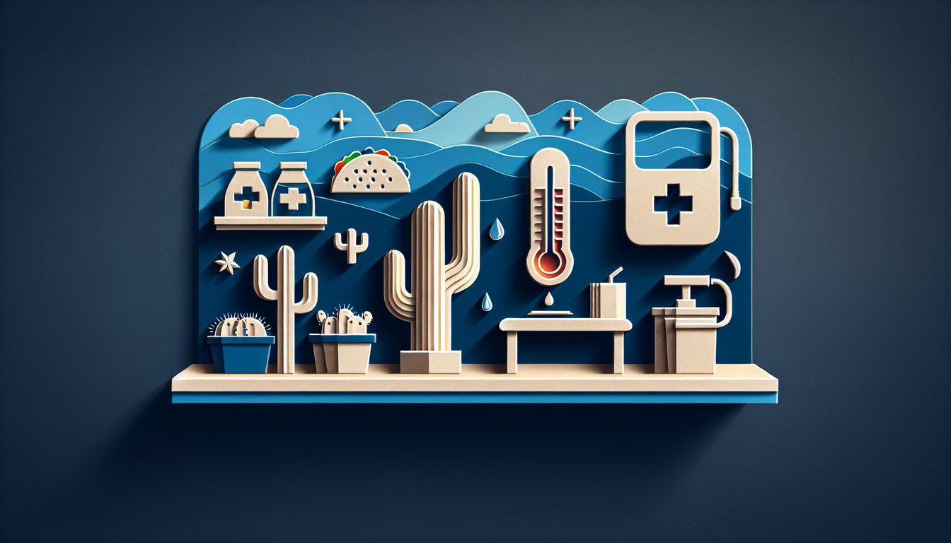 Paper art quiz illustration Arizona food handlers card challenge food icons question marks on dark blue background