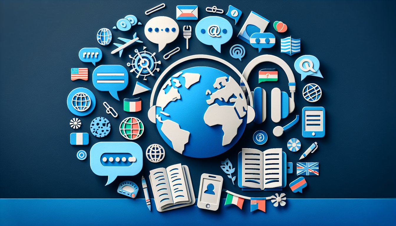 Colorful paper art depicting elements of language learning for a knowledge quiz