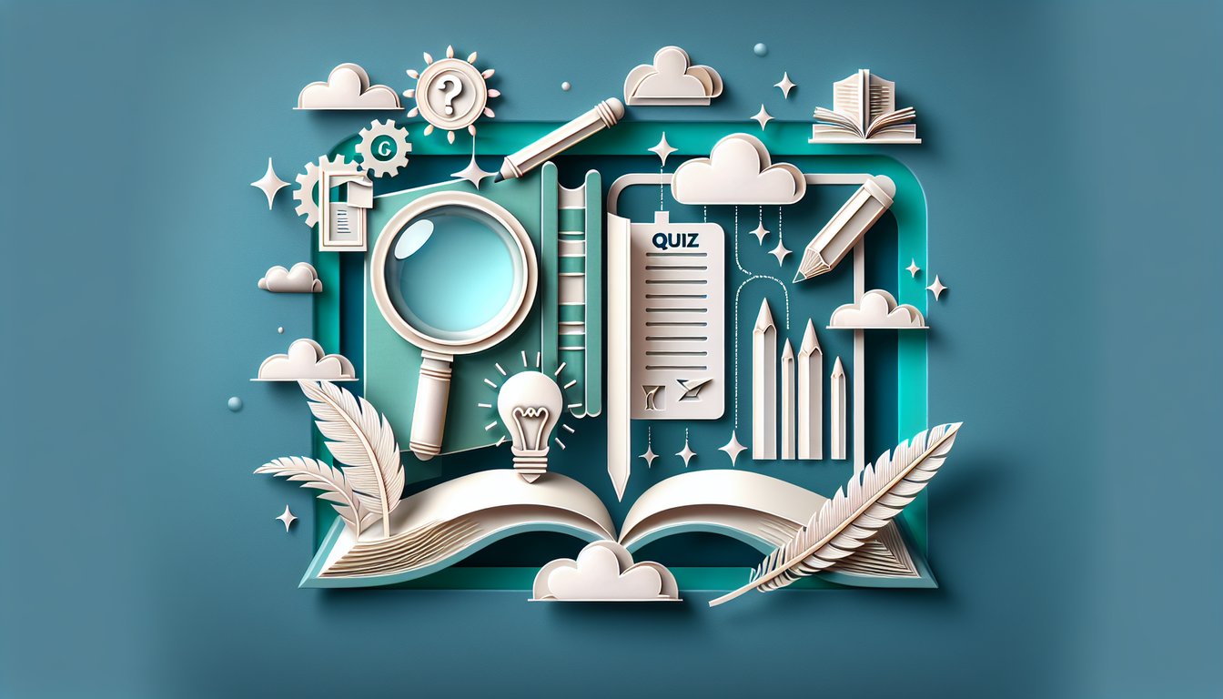 Paper art illustration of open book pencil letters quiz icons on teal background