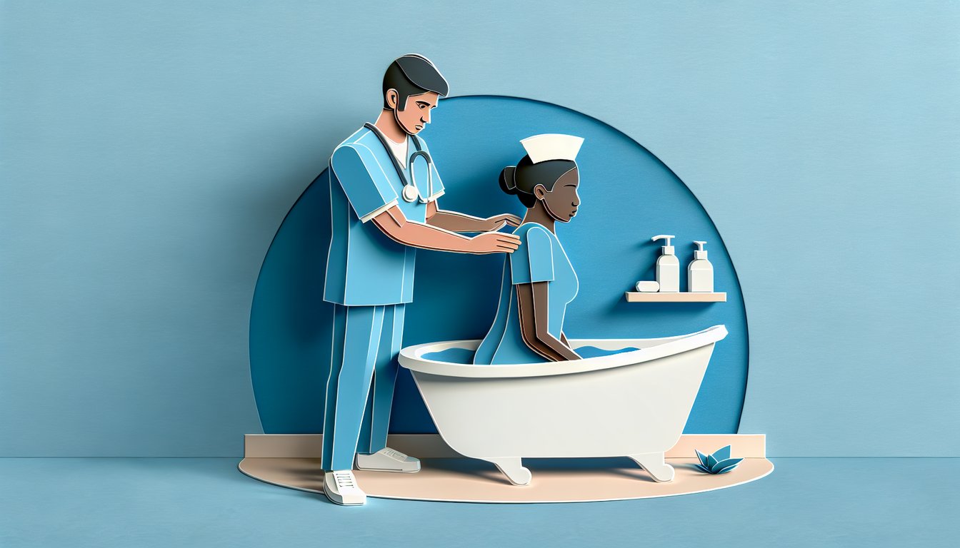 Paper art illustration for CNA practice quiz on basic nursing care on sky blue background