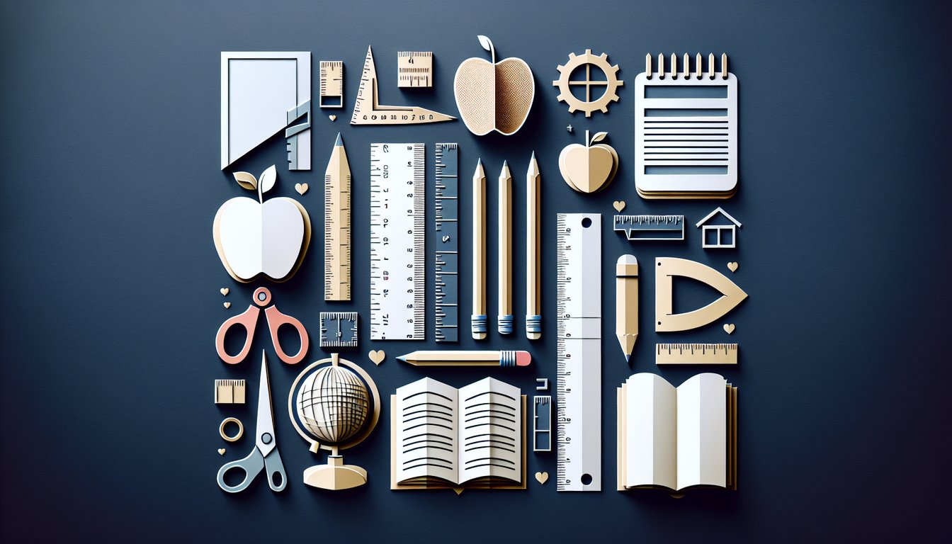 Colorful paper art displaying elementary vocabulary and measurement quiz theme.