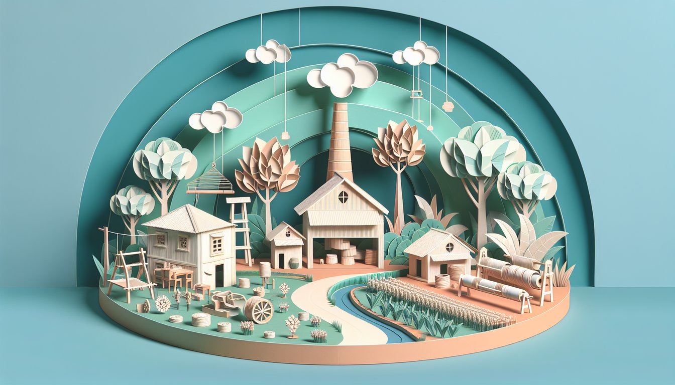 Paper art with cottage industry tools and world icons for free AP Human Geography Industry Quiz on teal background