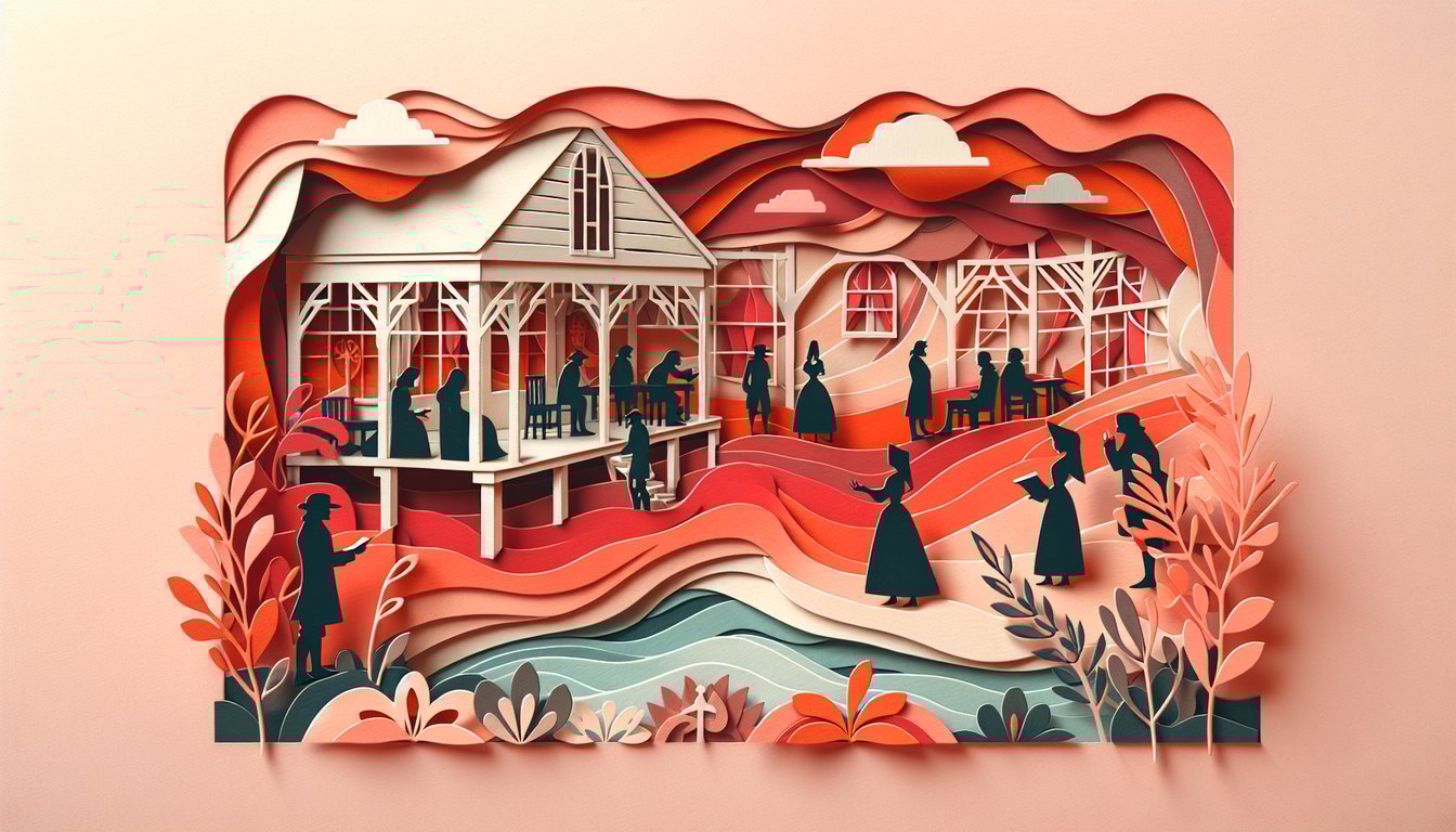 Paper art illustration for Crucible Act 1 quiz on a coral background