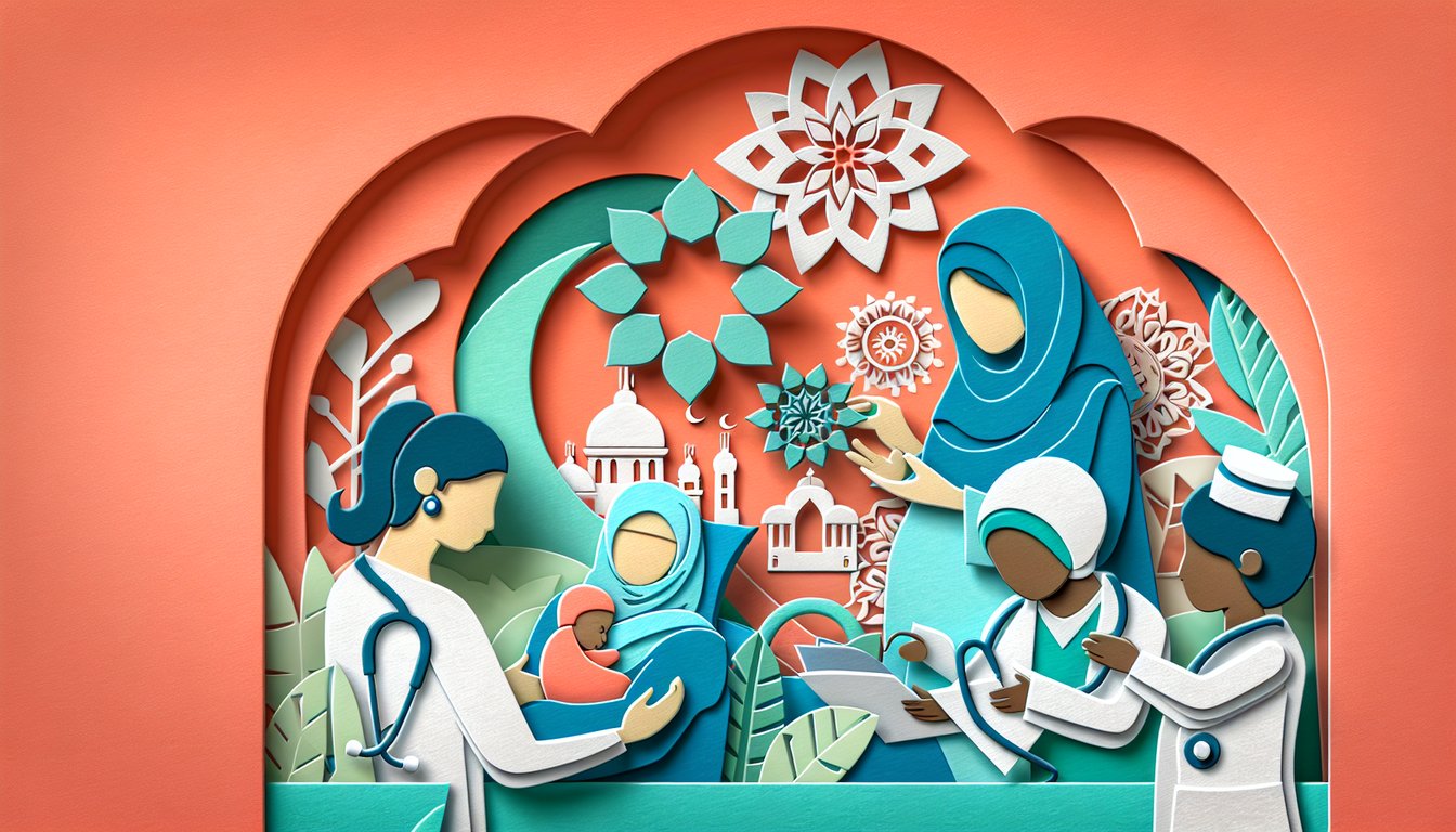Paper art illustration of pregnant mother nurse newborn icons quiz title text on coral background