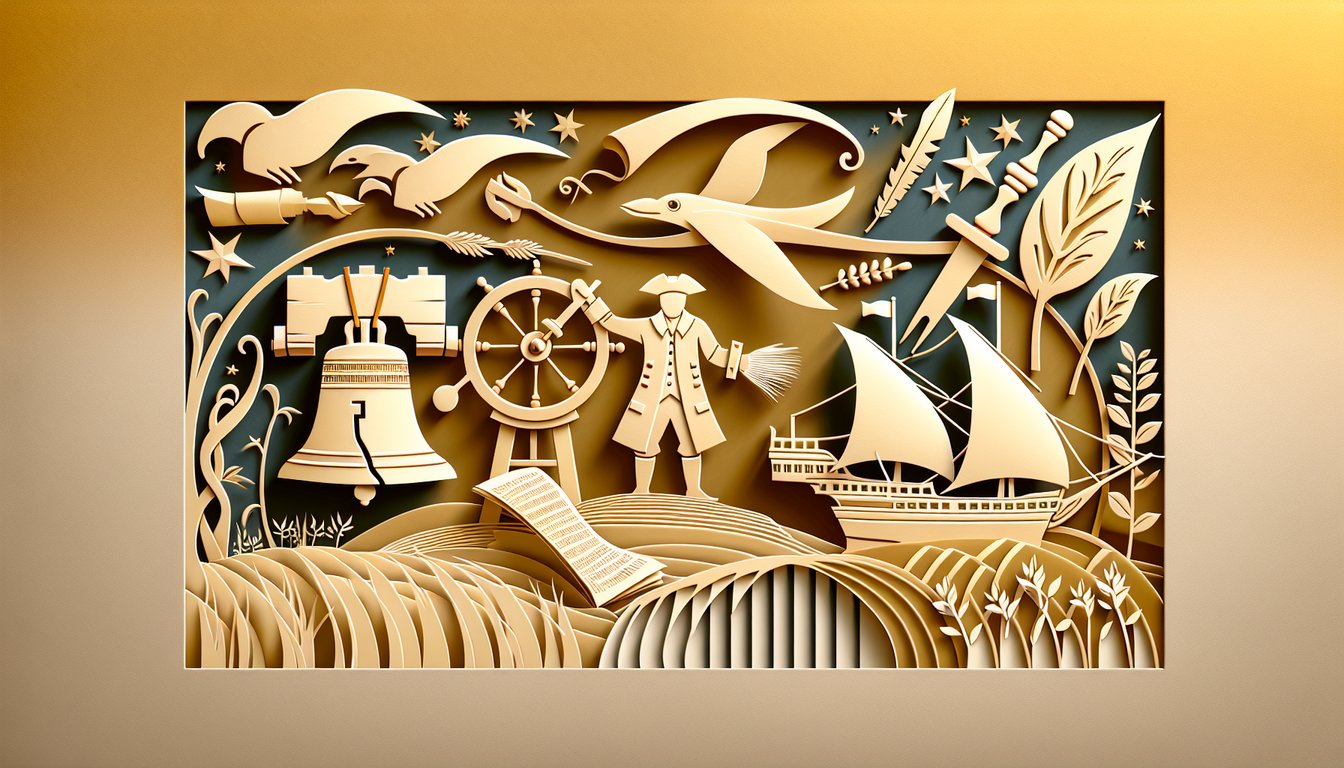 Paper art illustration for AP US History Unit 3 practice test on golden yellow background