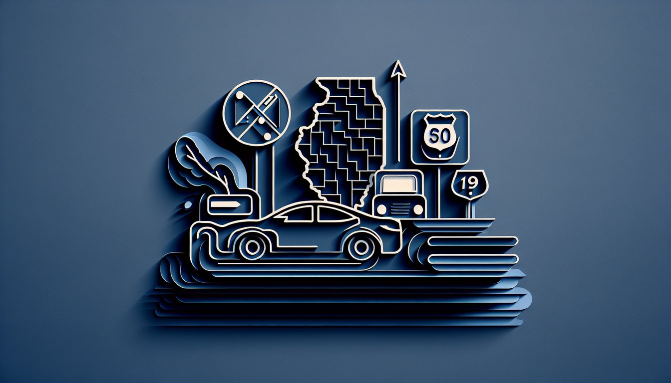 Paper art illustration showing Illinois road sign test sheet pencil and traffic symbols on dark blue background