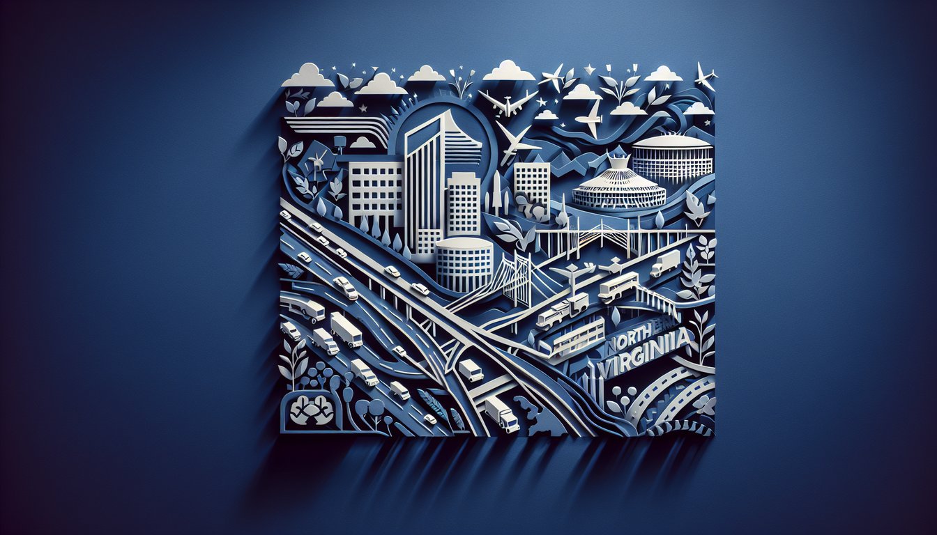 Paper art collage of Northern Virginia map quiz elements magnifying glass car icon military plane on dark blue background