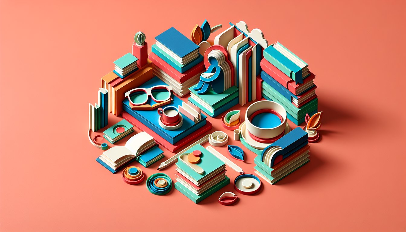 Paper art illustration for a reading preferences quiz on a coral background