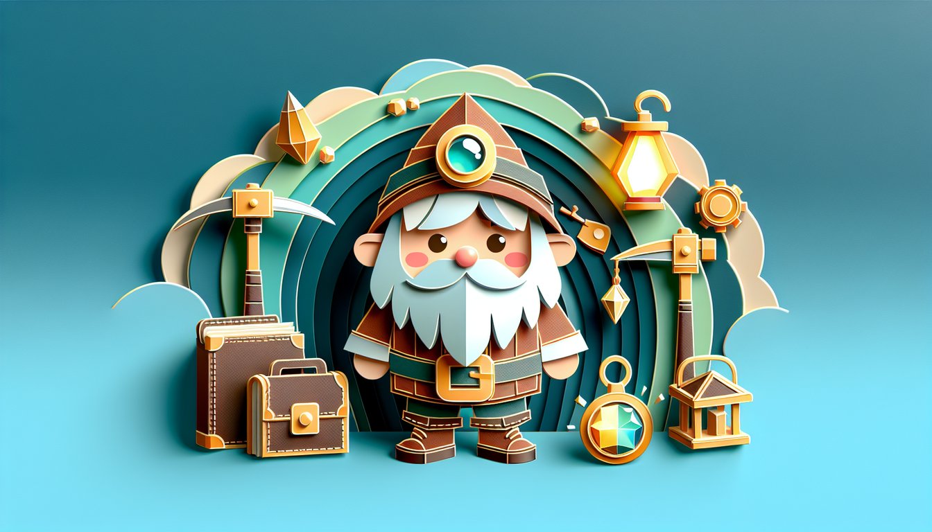 Paper art Dopey Doo dwarf on teal background with playful cutouts and quiz vibe for fun Disney trivia