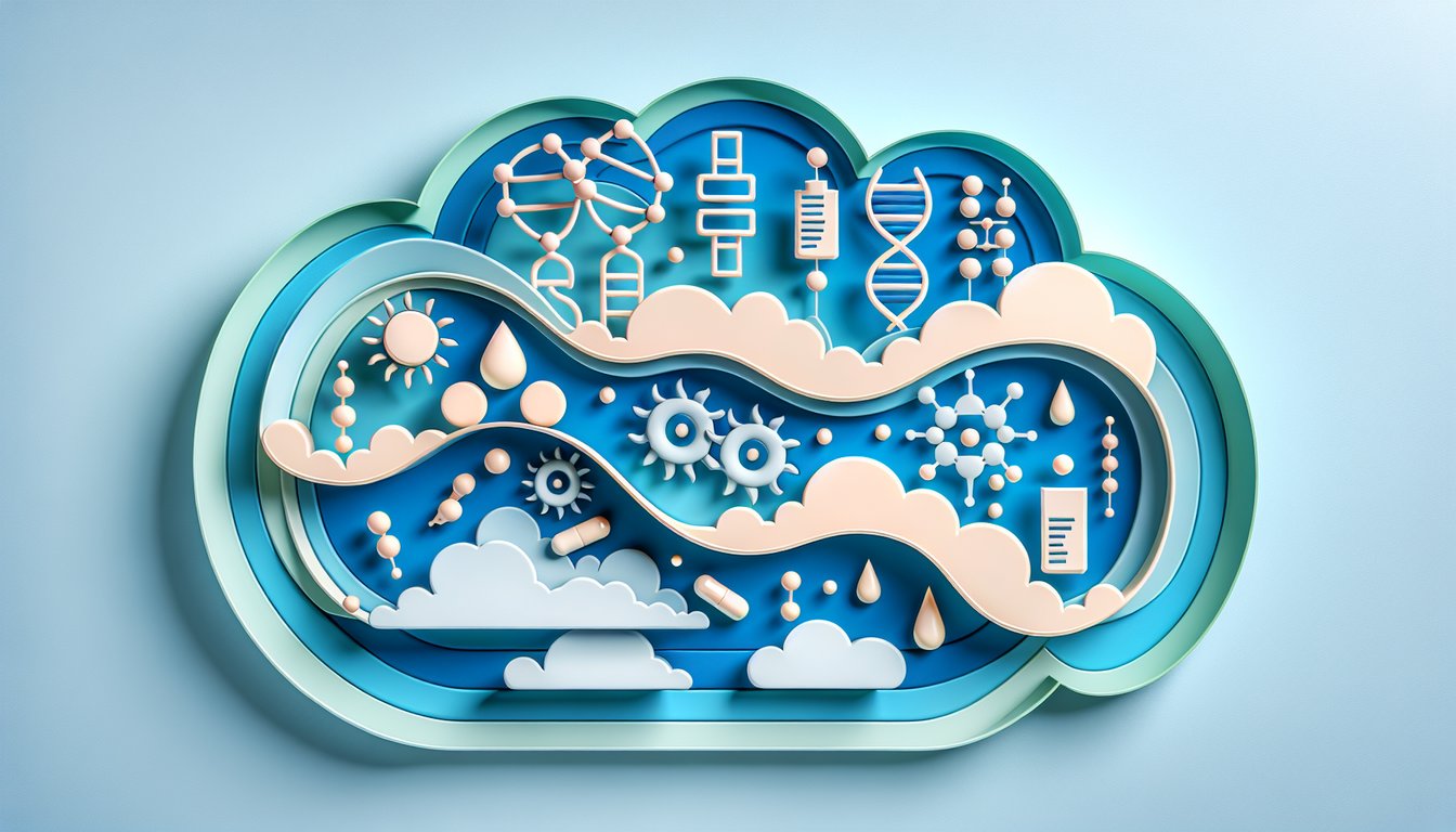Paper art biomolecule icons for quiz on enzymes, carbohydrates, lipids, proteins on sky blue background