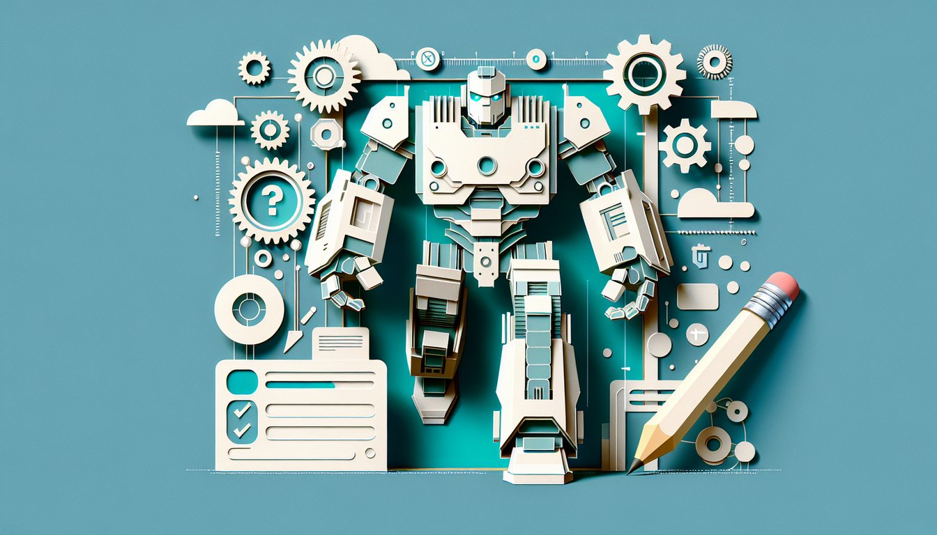 Teal background layered paper art shapes with stylized Gundam silhouettes for a personality matching quiz