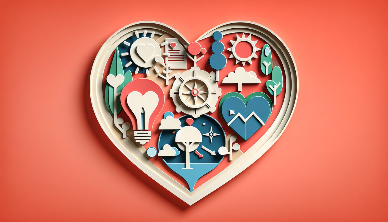 Paper art collage showing diverse people connected by arrows and community icons on coral background for personality quiz