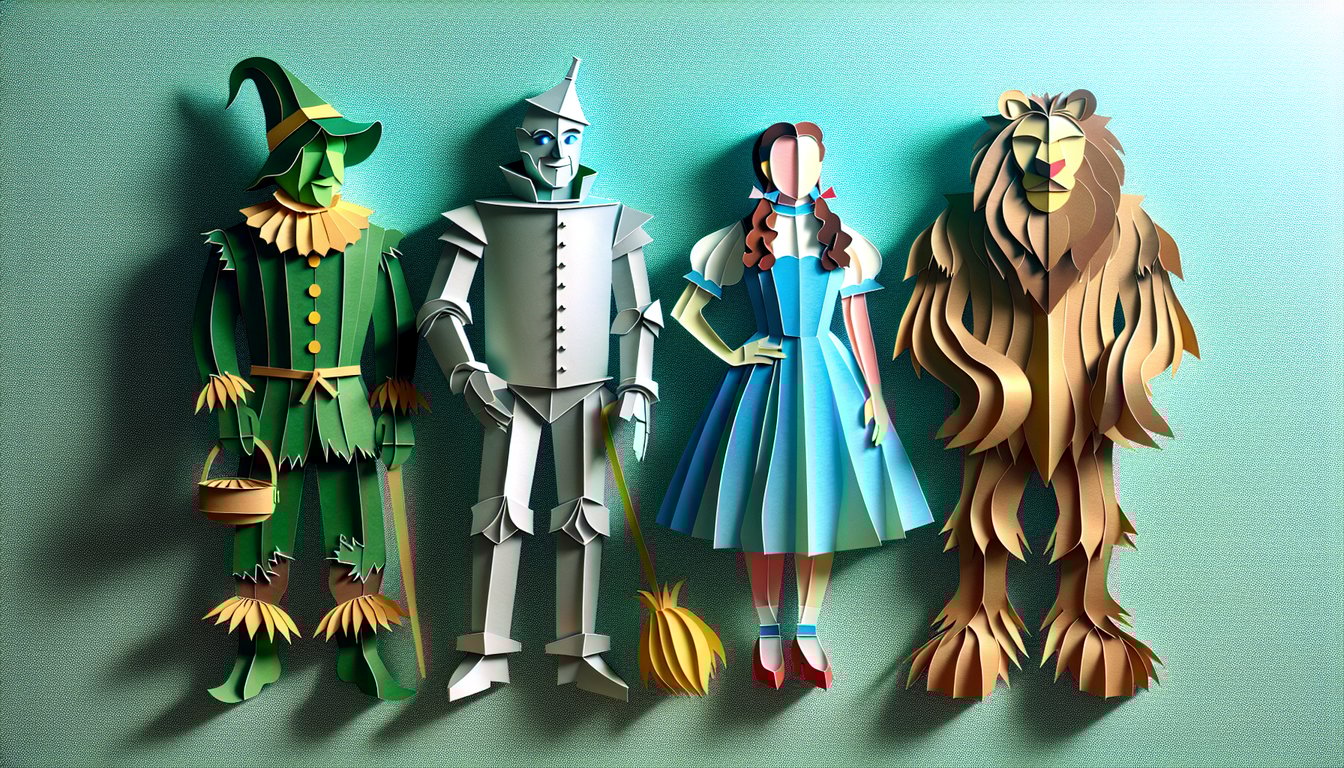 Paper art style Wizard of Oz icons on teal background with ruby slippers, yellow brick road, and quiz text overlay