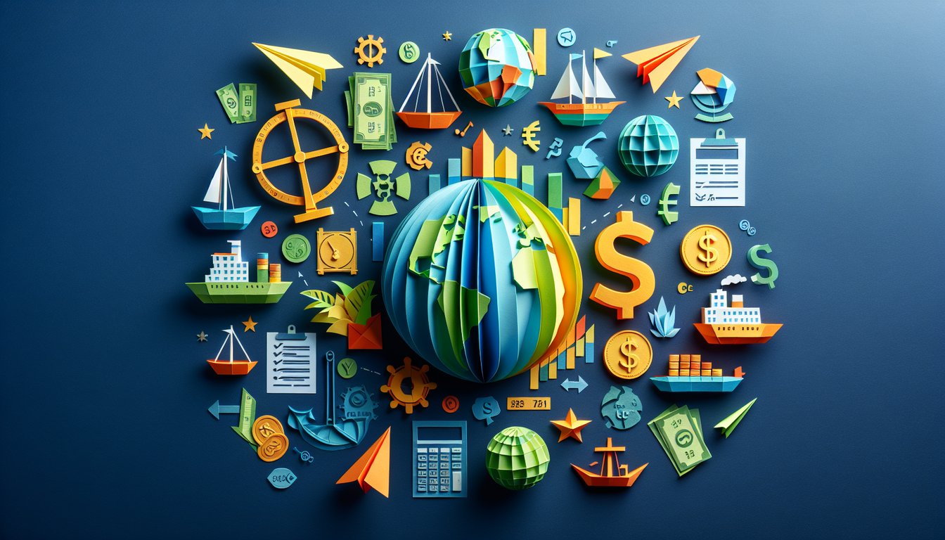 Colorful paper art promoting Tariff Tax Trivia quiz for high school economics students.