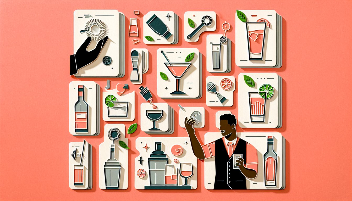 Paper art illustration for a bartender quiz testing cocktail knowledge and bar skills on a coral background.