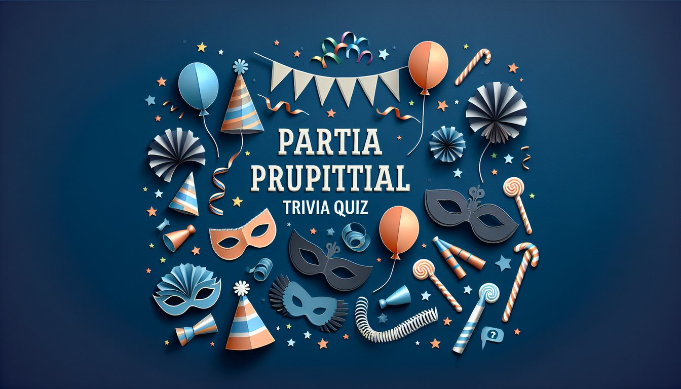 Colorful paper art depicting questions and answers for Party Supplies Promotional Trivia Quiz.