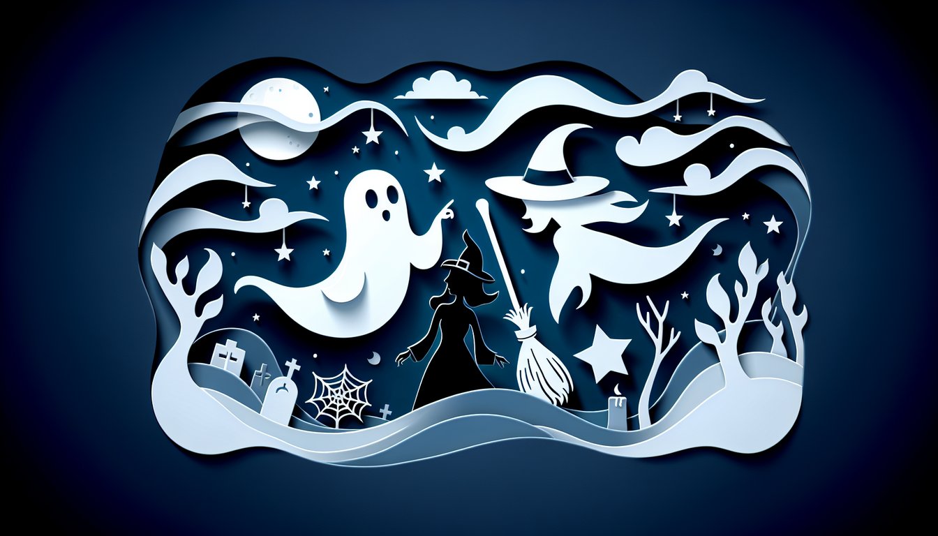 Paper art style Casper and Wendy float against dark blue background inviting trivia quiz challenge