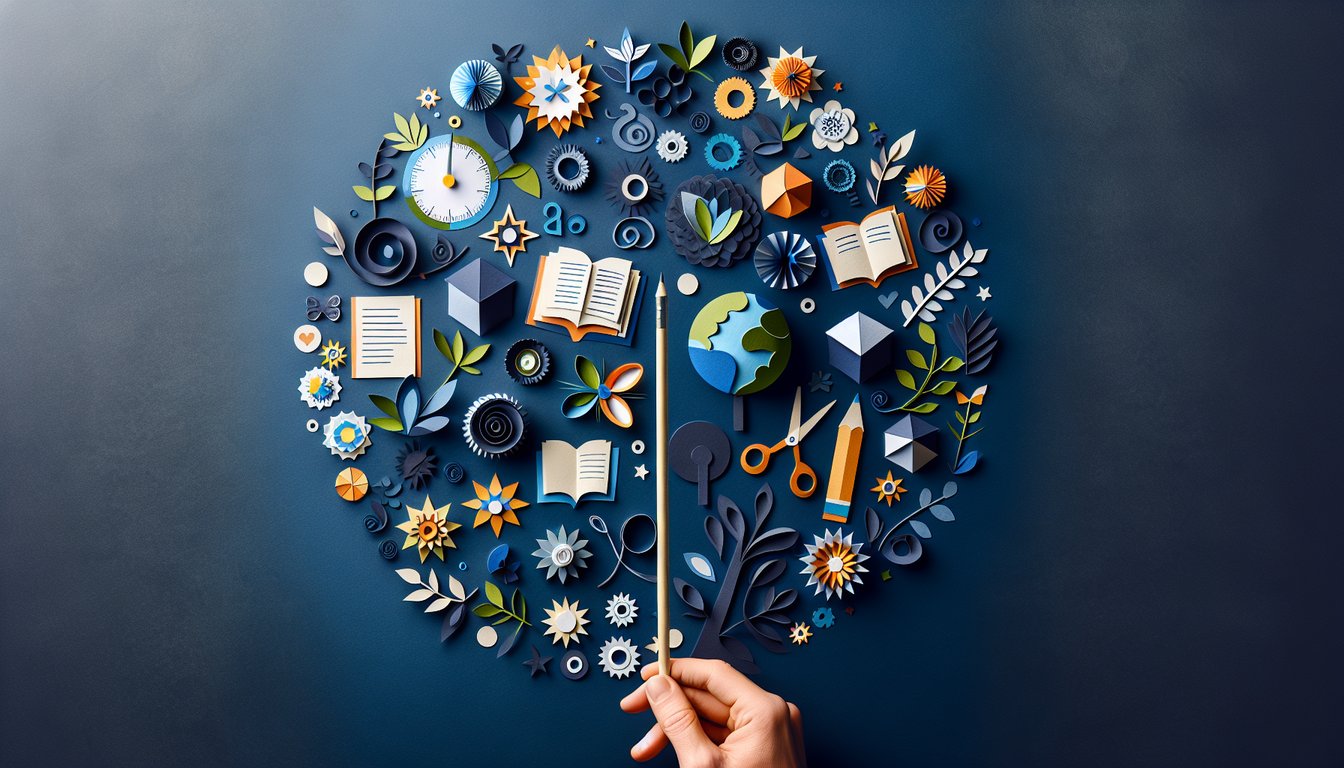 Colorful paper art depicting elements of language, literacy, and numeracy for a trivia quiz.