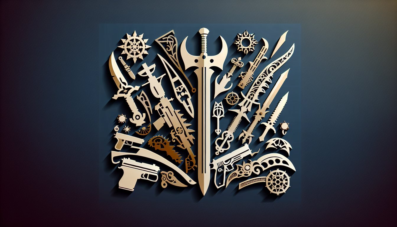 Paper art illustration featuring sword, axe, bow and knife on dark blue background for weapon personality quiz