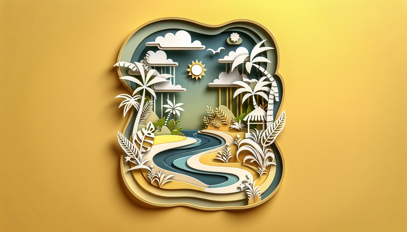 Paper art illustration of cartoon characters, tropical island motifs for style match quiz on golden yellow background