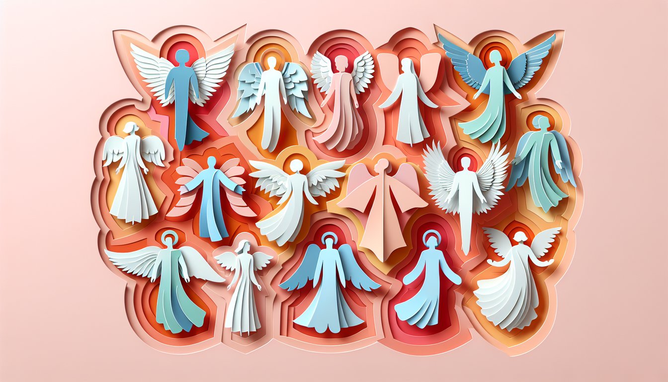 Paper art angel wings halo and cloud on coral background for free angel personality quiz