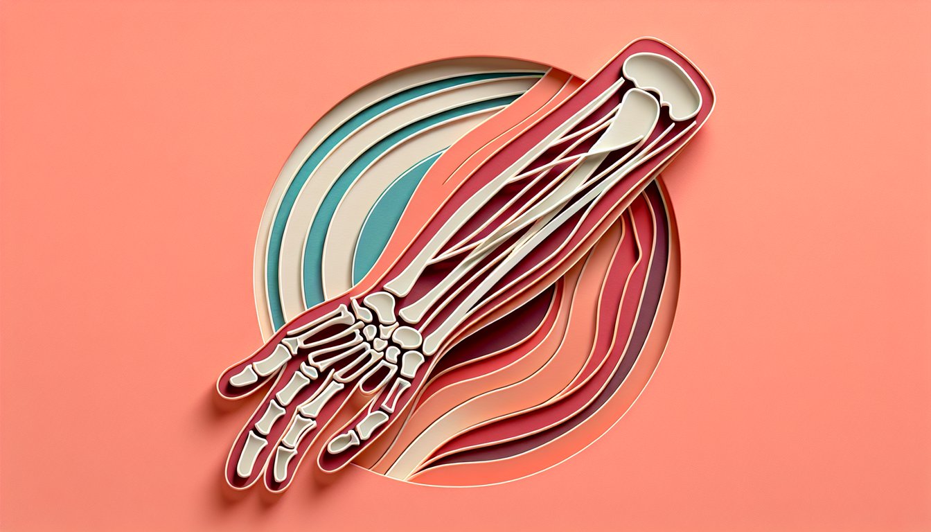 Paper art illustration for forearm anatomy quiz featuring radius and ulna on a coral background