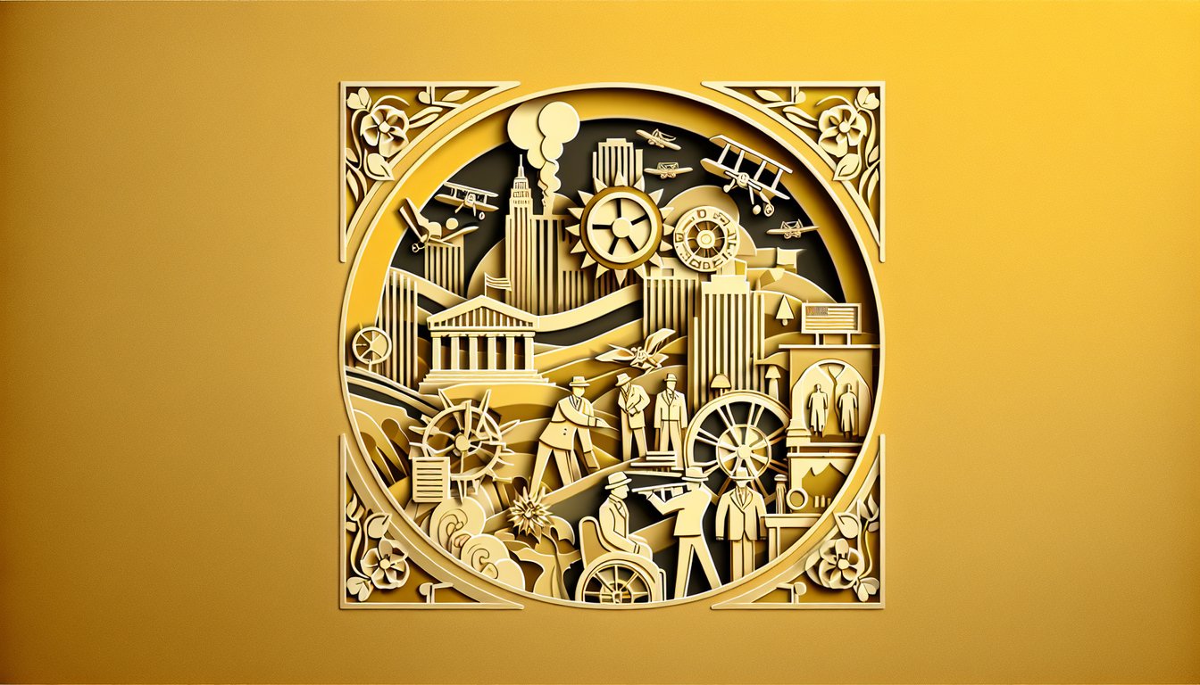 Paper art illustration of Great Depression and WWII quiz banner on golden yellow background.