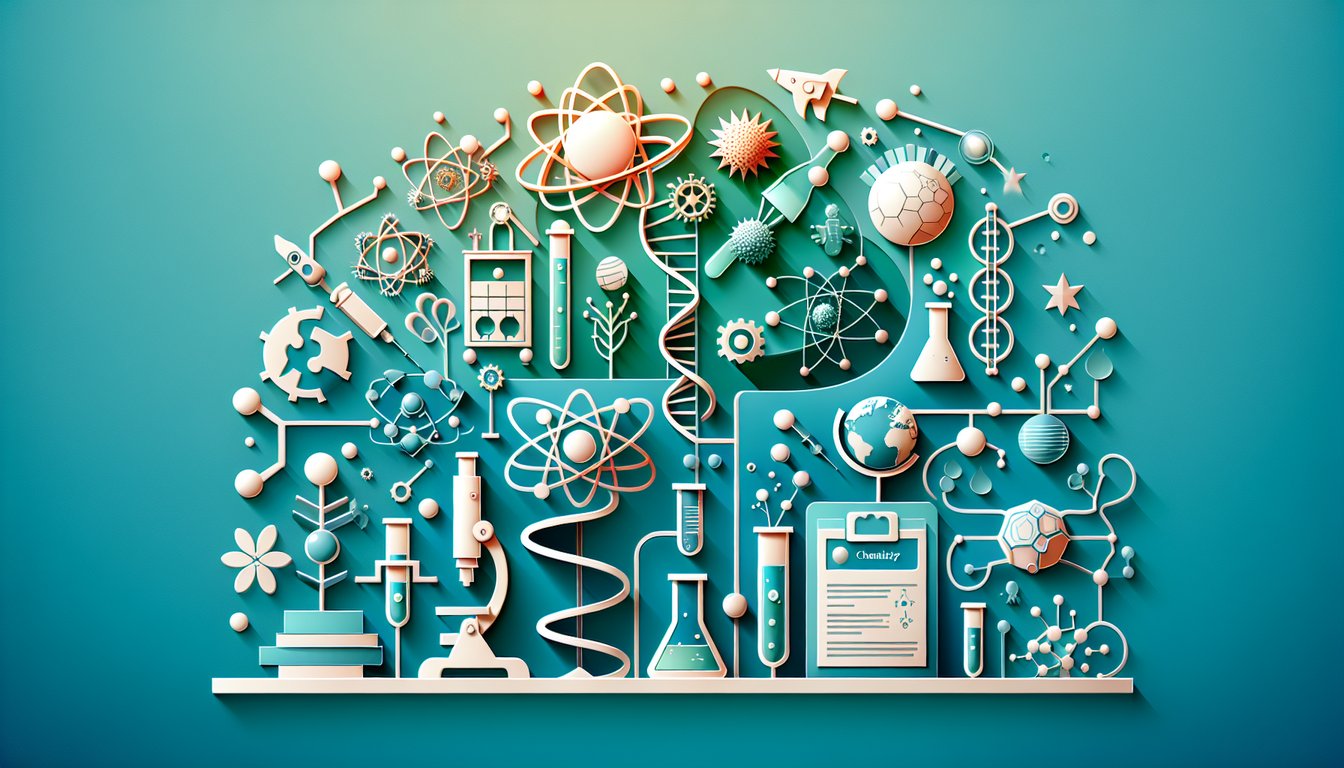 Paper art style science quiz illustration with test tubes DNA helix atoms physics symbols on teal background.